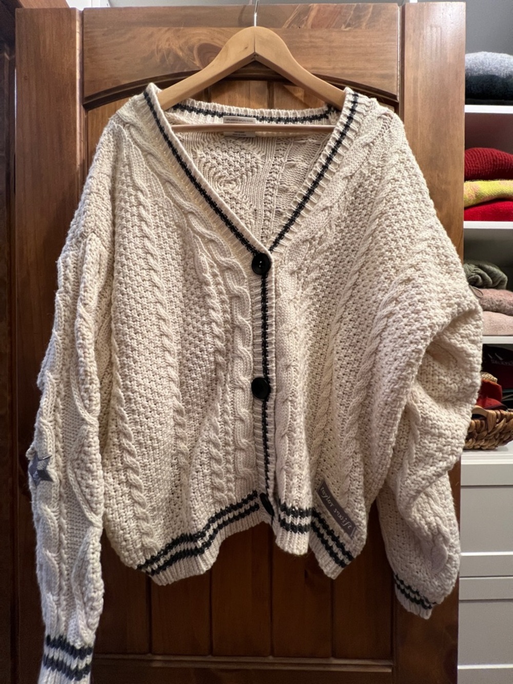 Taylor Swift Folklore Sweater Cream Cable-Knit Sweater with Black Trim - Picture 1 of 5